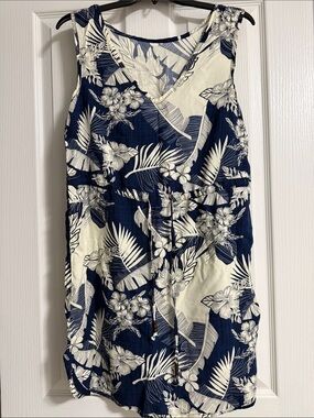 Navy & Cream Tropical Print Sleeveless Dress